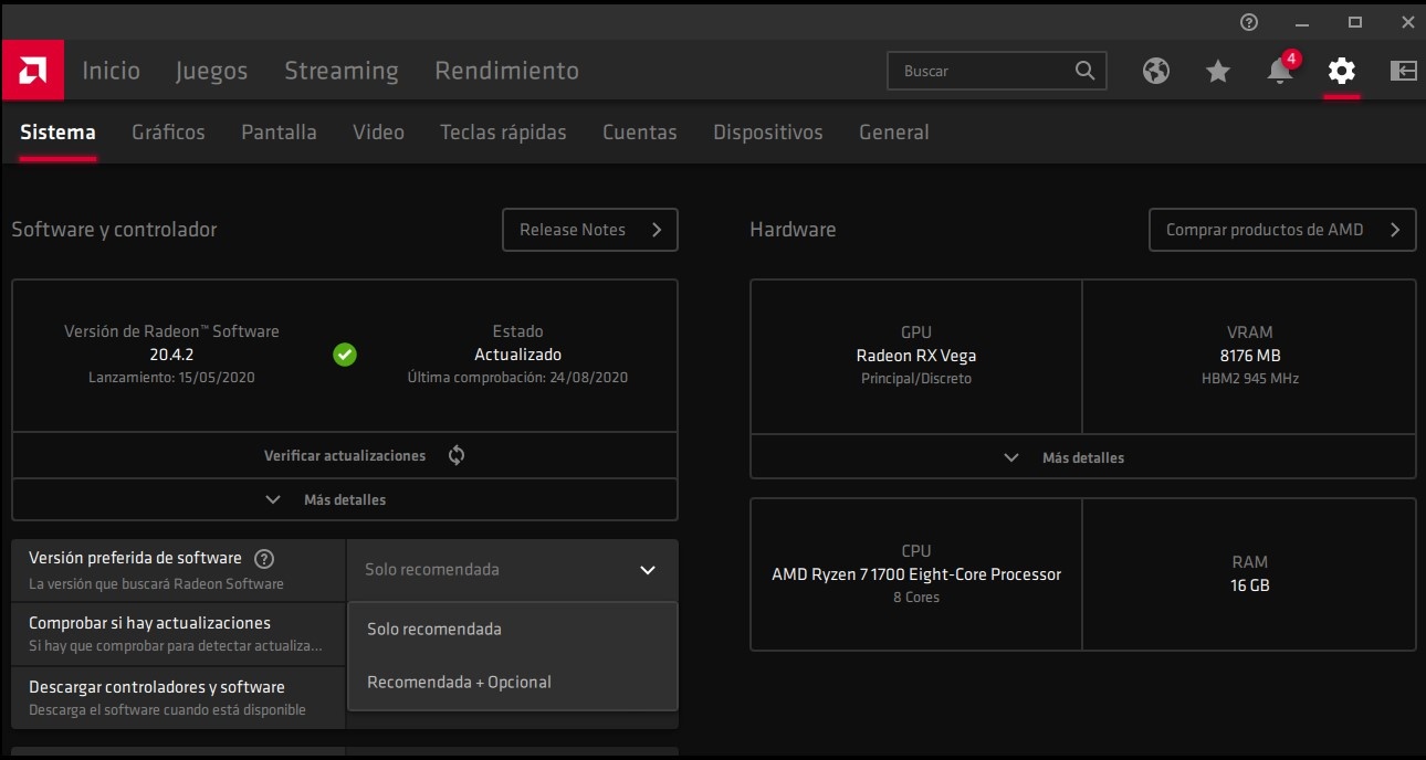 Versión del driver instalada en AMD Software